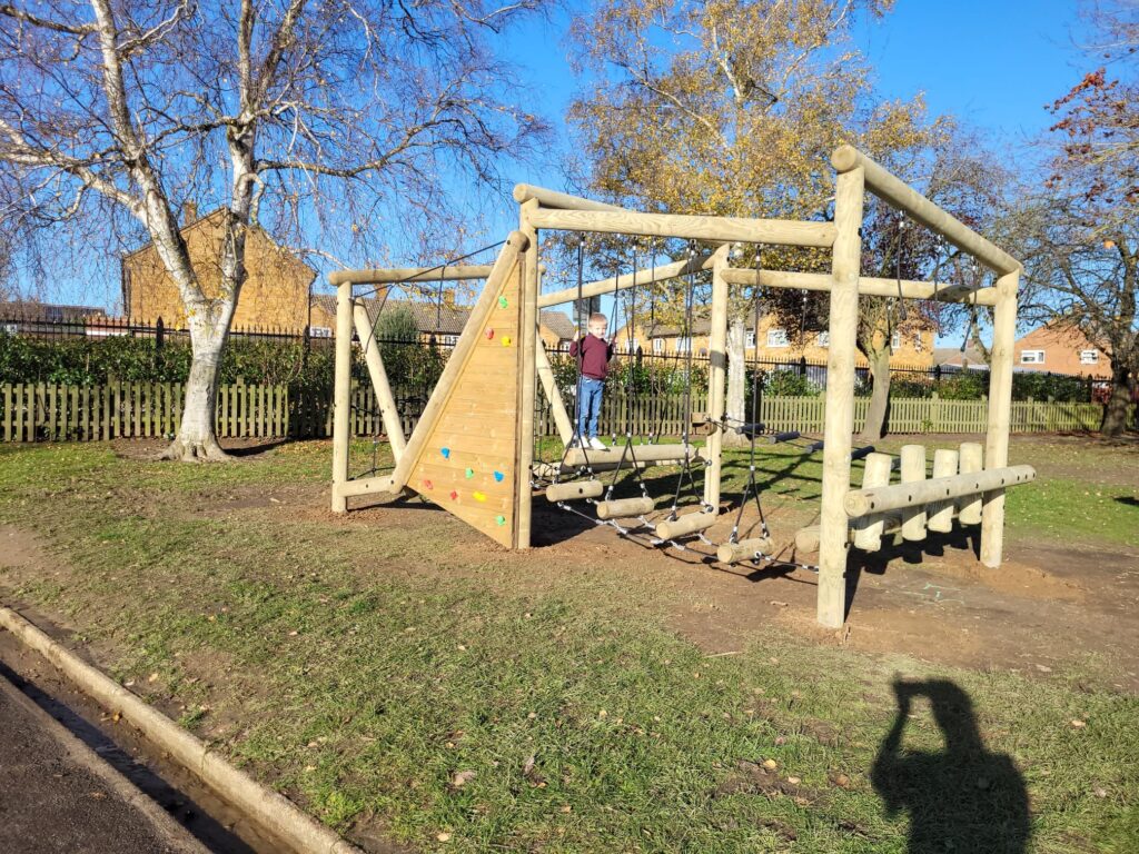 Wooden climbing frame in the school grounds